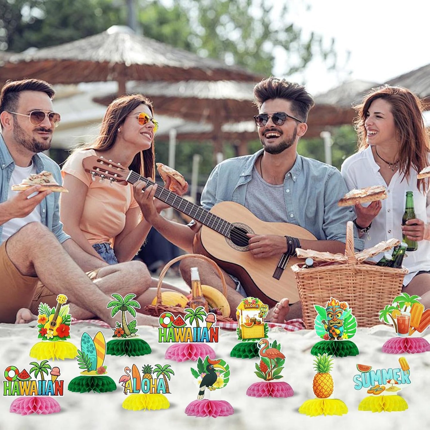 12Pcs Summer Honeycomb Hawaii Table Centerpieces Luau Aloha Table Toppers Tiki Honeycomb Centerpieces Tropical Flamingo Table Decorations for Beach Pool Luau Birthday Wedding Party