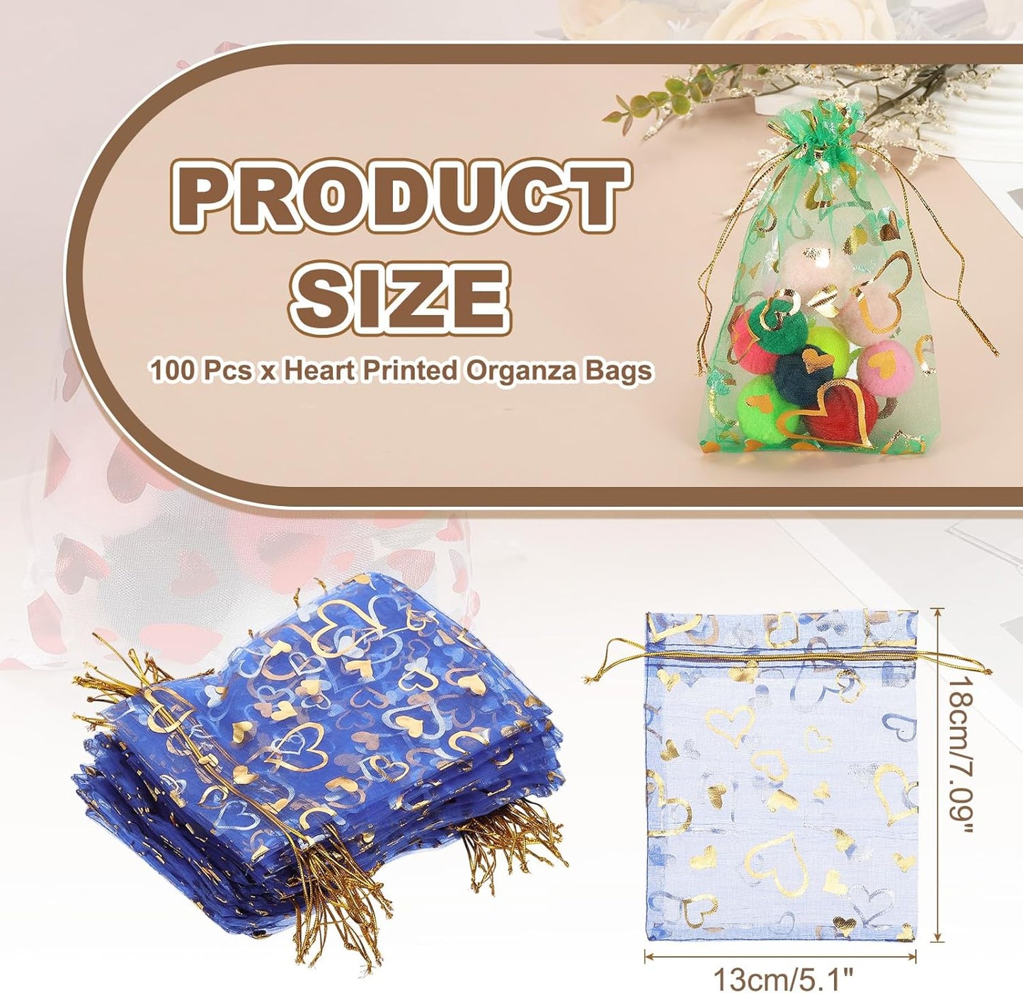 PATIKIL 100 Pcs 5x7 Inch Heart Printed Organza Bags, Navy Blue Sheer Heart Organza Bags with Drawstring for Christmas Candy Jewelry Party Wedding Favor Gift