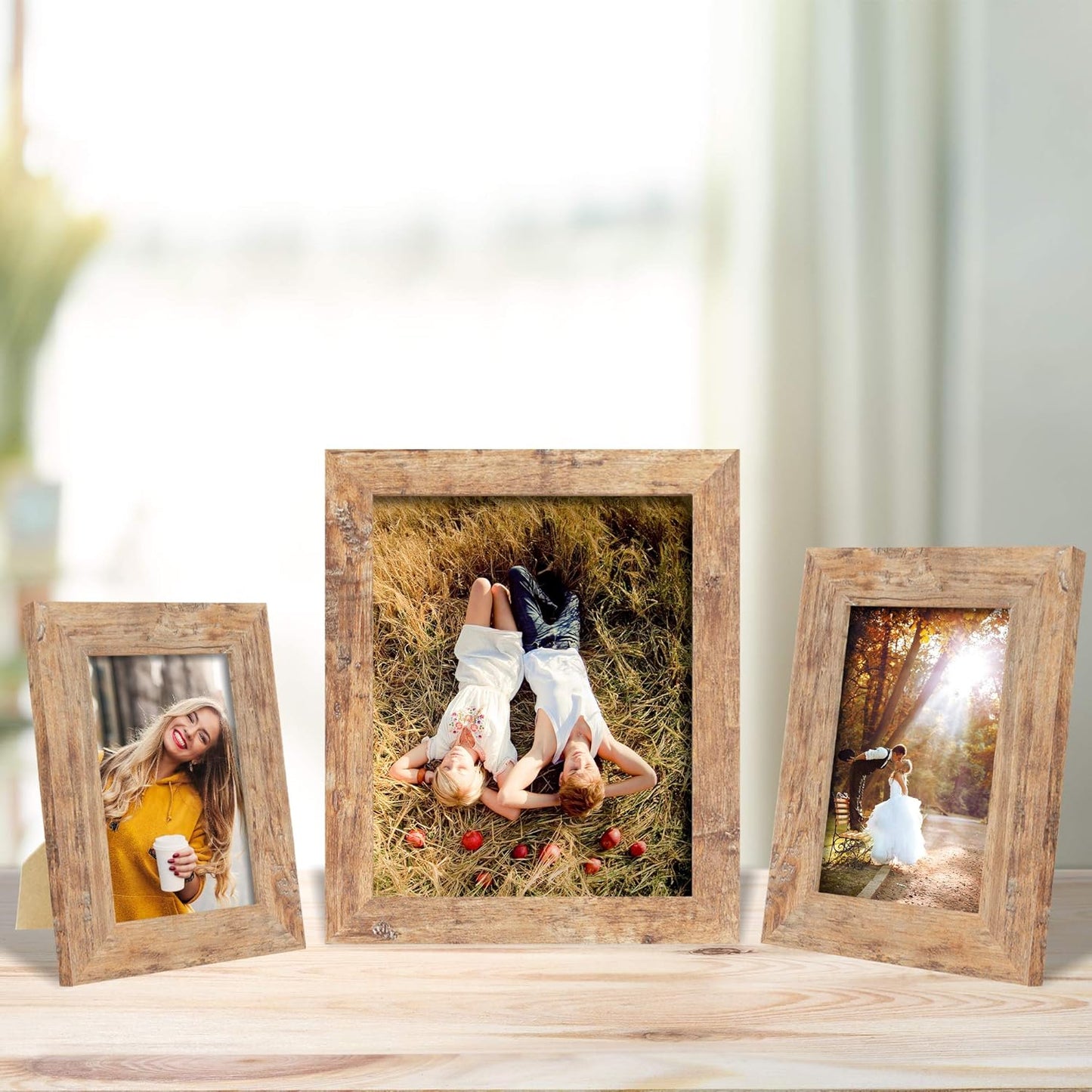 5x7 Picture Frame Set of 4, High Definition Real Glass Rustic Brown Frame, 5 x 7 Wood Photo Frames for Tabletop Display and Wall Mounting