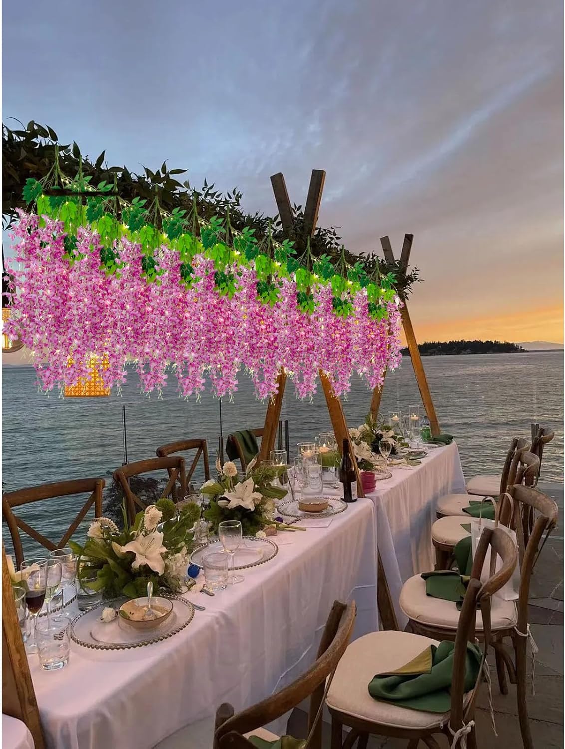 12 Pack Purple Red Wisteria Hanging Flowers Garland with Lights, 3.44 Feet Artificial Flower Vines, Fake Wisteria, Artificial Vines Hanging Garland for Backdrop Outdoor Patio Garden Decor