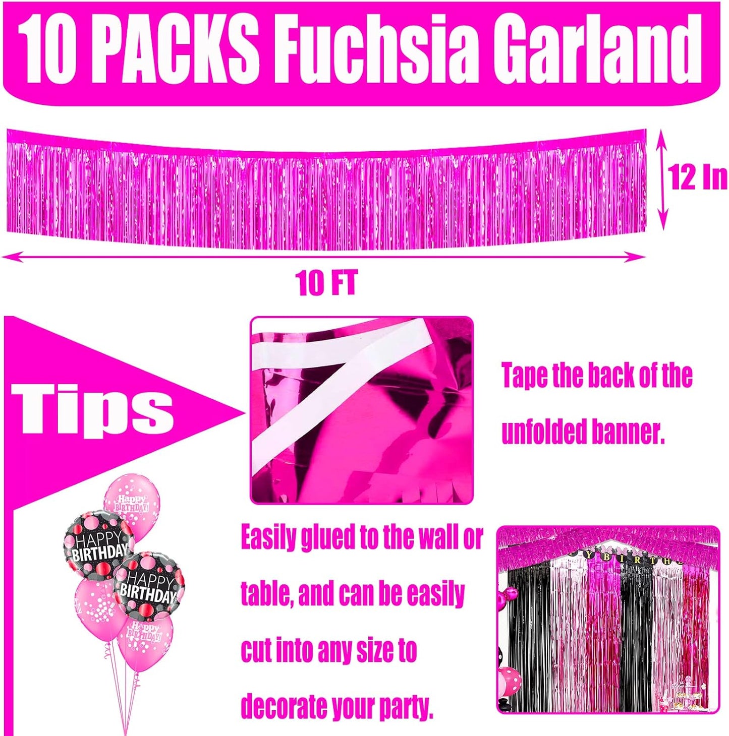 10 Pack 10 Feet Foil Fringe Garland Metallic Tinsel Streamers Banner Wall Hanging Curtain Backdrop for Parade Floats, Bachelorette, Wedding, Birthday, Halloween, Christmas Party Decorations(Fuchsia)