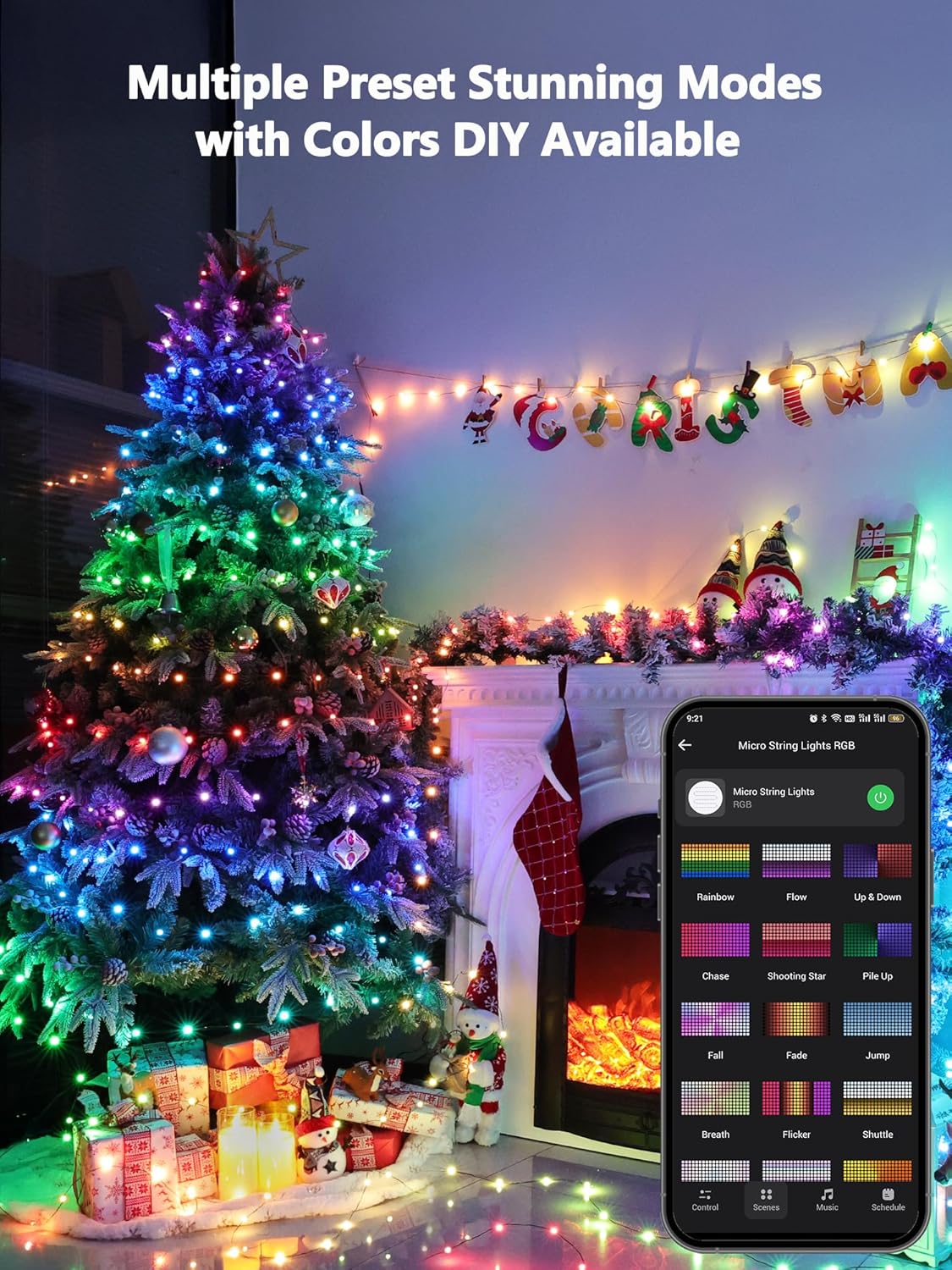 BrizLabs Smart Christmas Fairy Lights, 33ft 100 LED Color Changing Christmas Lights Work with Alexa & Google Home, Rainbow Xmas Light Dimmable Halloween Lighting Green Wire for Xmas Halloween Party