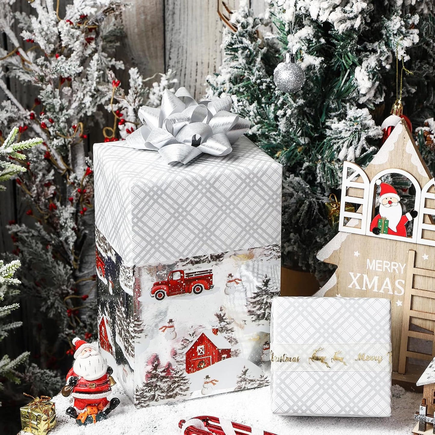 LeZakaa Christmas Silver Wrapping Paper Jumbo Roll for Boy Kid, Red Truck, Snowy Pine Forest & Grid Plaid, Silver Foil Reversible Design for Winter Holiday Family Gathering, 30 inches x 100 Feet