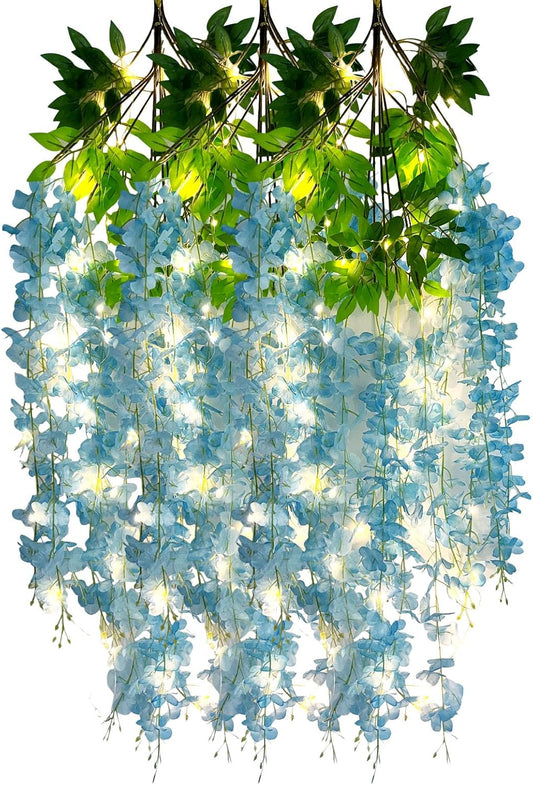 12 Pack Lake Blue Wisteria Hanging Flowers Garland with Lights, 3.44 Feet Artificial Flower Vines, Fake Wisteria, Artificial Vines Hanging Garland for Backdrop Outdoor Patio Garden Decor