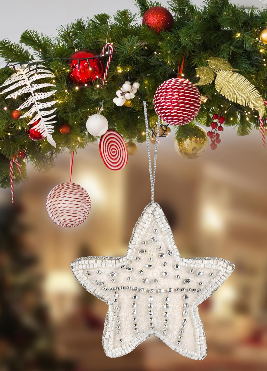 Beaded Star Hanging Ornaments with Twine - Beaded Decorative Ornaments Set of 6 for Tabletop Decoration, Bookshelf, Desk, Nightstand, Home, Office, Desktop, Cabinets, Shelf (White) - CLEENTABLE