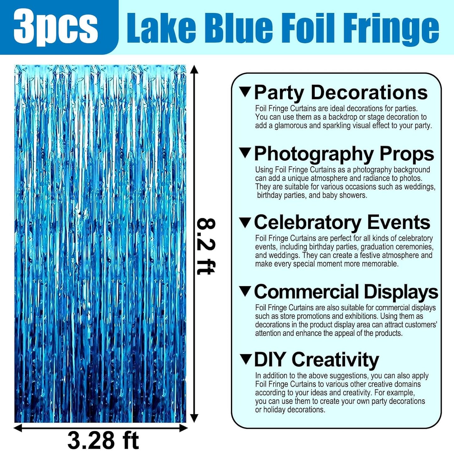 3 Pack Lake Blue Foil Fringe Curtain Backdrop, 3.28Ft x 8.2Ft Metallic Tinsel Foil Fringe Streamer Curtains for Photo Booth, Christmas Day, Thanksgiving, Wedding, New Year Party Decorations