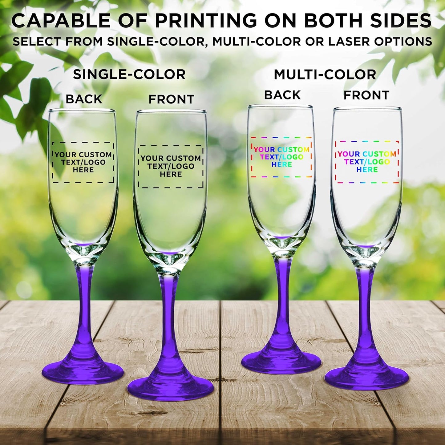 DISCOUNT PROMOS Custom Premiere Champagne Flutes 6.25 oz. Set of 50, Personalized Bulk Pack - Elegant Drinkware for Weddings, Events, & Promotional Gifts - Purple