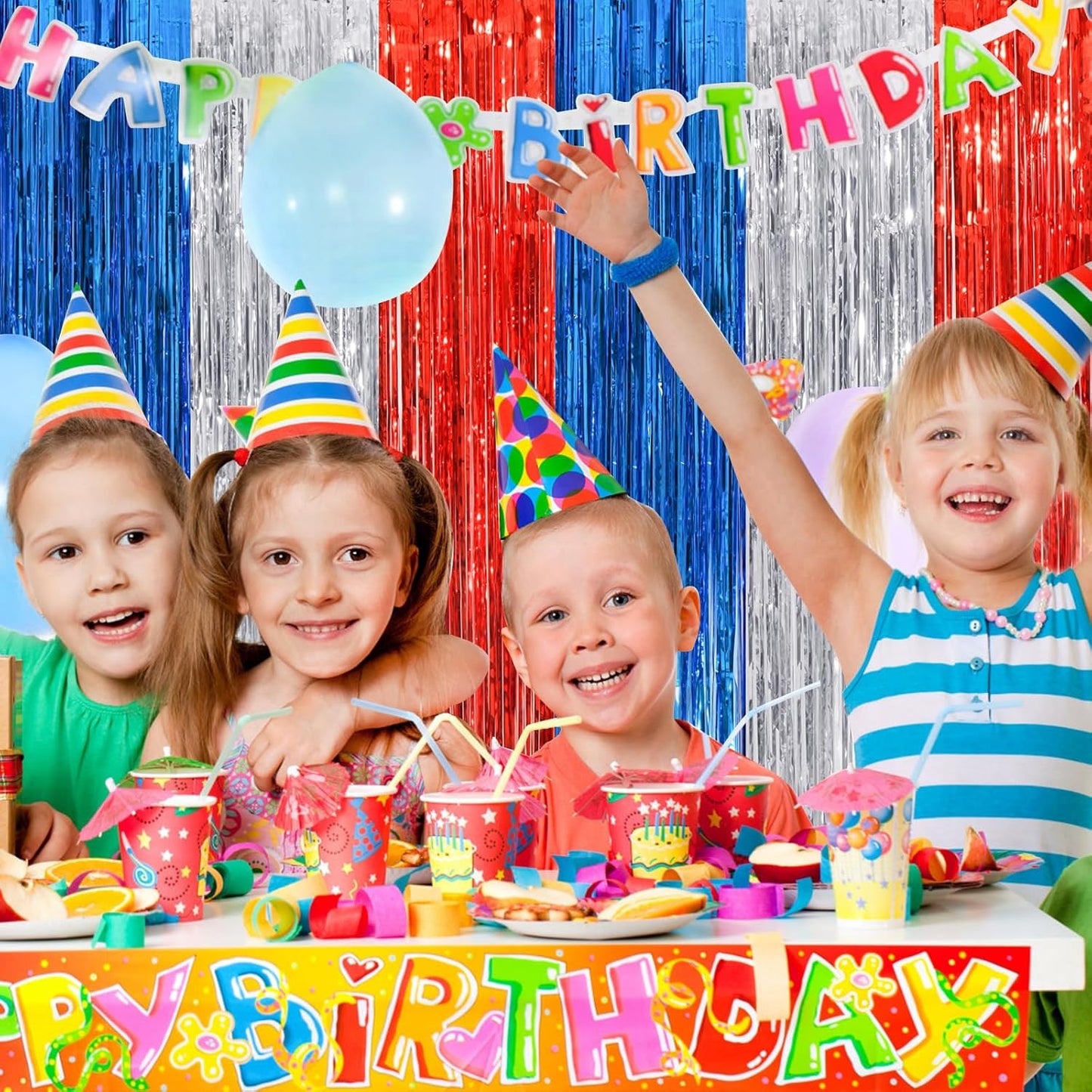 2Pack 3.3 x 8.3Ft Blue Red Silver Foil Fringe Streamers Curtain Metallic Foil Tinsel Fringe Door Streamers for Birthday Wedding Xmas Party Photo Iridescent Blue Streamers Party Decors Streamers