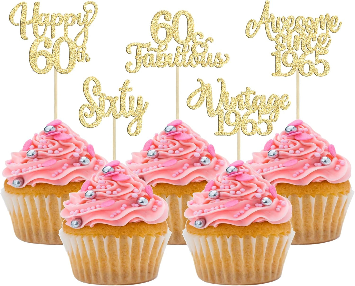 30Pcs Vintage 1965 Cupcake Toppers Glitter Sixty Happy 60th Birthday 60 Fabulous Cupcake Picks Cheers to 60 Years for 60th Birthday Wedding Anniversary Party Cake Decorations Supplies Gold
