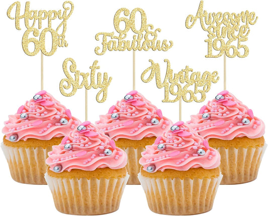 30Pcs Vintage 1965 Cupcake Toppers Glitter Sixty Happy 60th Birthday 60 Fabulous Cupcake Picks Cheers to 60 Years for 60th Birthday Wedding Anniversary Party Cake Decorations Supplies Gold