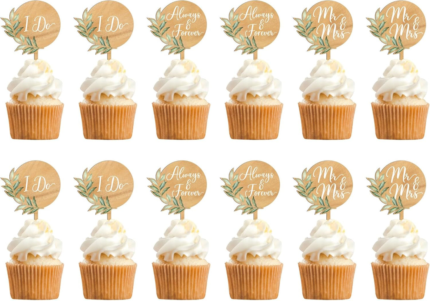 Mr & Mrs Cake Topper & 12 PCS Wedding Cupcake Toppers Green Wedding Decorations in Wood