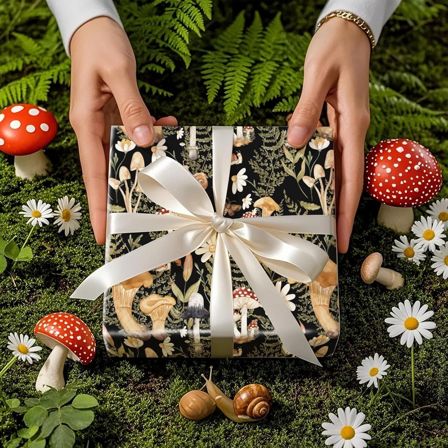 RUSPEPA Forest Mushroom Wrapping Paper Roll, Mini Roll, Woodland Squirrel and Snail Design, Black Nature Gift Wrap for Fall, Birthday, Thanksgiving Party, 17 Inches x 16.4 Feet