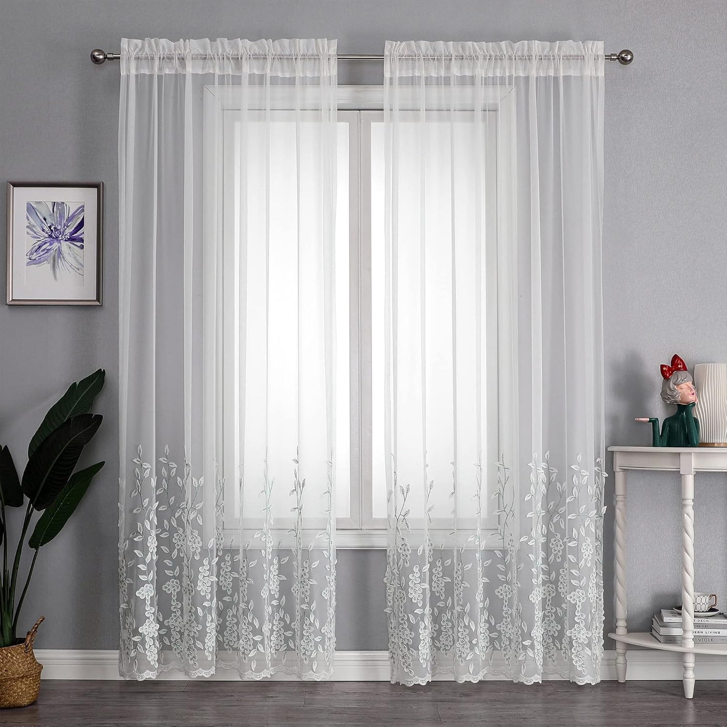 VISIONTEX White Sheer Voile Curtains, Decorative White Embossed Leaves Rod Pocket Window Drapes for Home Kitchen, Living Room and Bedroom 54 x 95 Inch, Set of 2 Curtain Panels