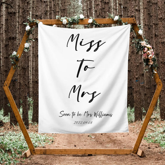 Miss to Mrs Backdrop, Custom Tapestry with Names and Date, Personalized Calligraphy Banner for Bridal Brunch, Shower, Engagement, Bachelorette Party - Reception Backdrop Future
