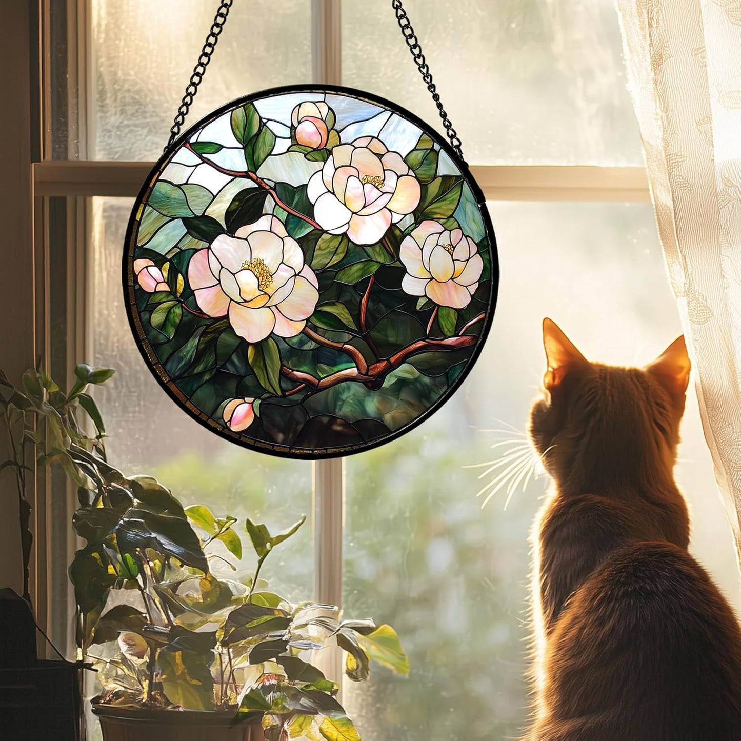 Stained Glass Suncatcher, Light Pink Flowers Green Leaf Sun Catcher Plant Stain Glass Window Hanging Decoration Mother's Day Birthday Gifts for Women Men Mom Nana 15 in