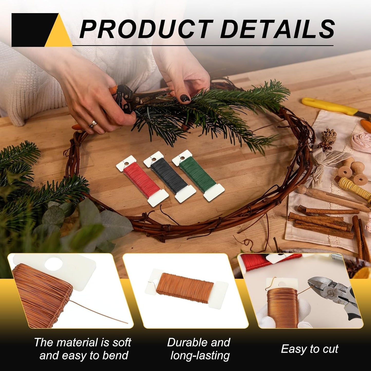 MECCANIXITY 114 Yards/345 Feet 27 Gauge Metal Floral Wire Copper Flexible Paddle Thin Floral Wires for Craft, Christmas Wreath, Flower Arrangement, Wedding, Total 3 Roll