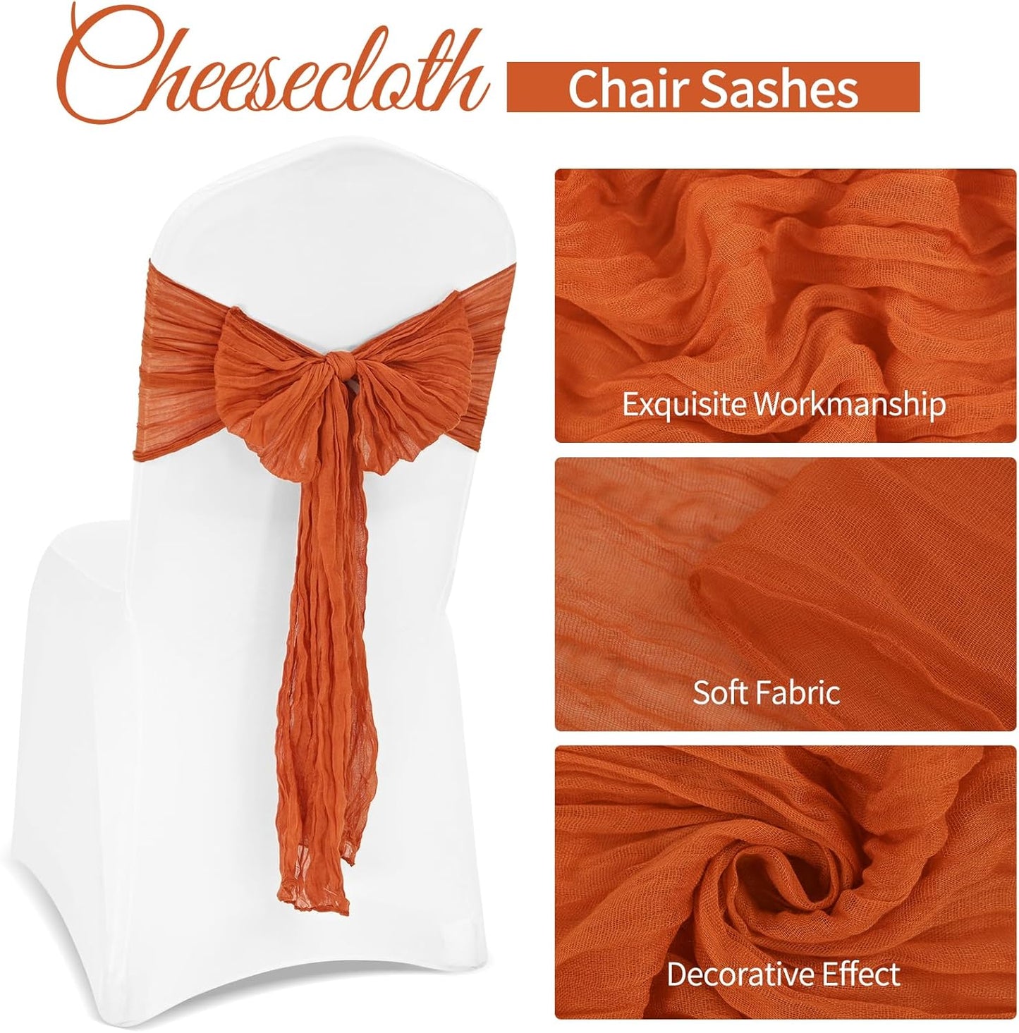 36 Pcs Burnt Orange Cheesecloth Chair Sashes, 16 x 108 inch Gauze Fabric Washable Chair Sashes Bows Designed for Aisle Decorations Universal Chair Cover Decor for Wedding Reception Party Banquet