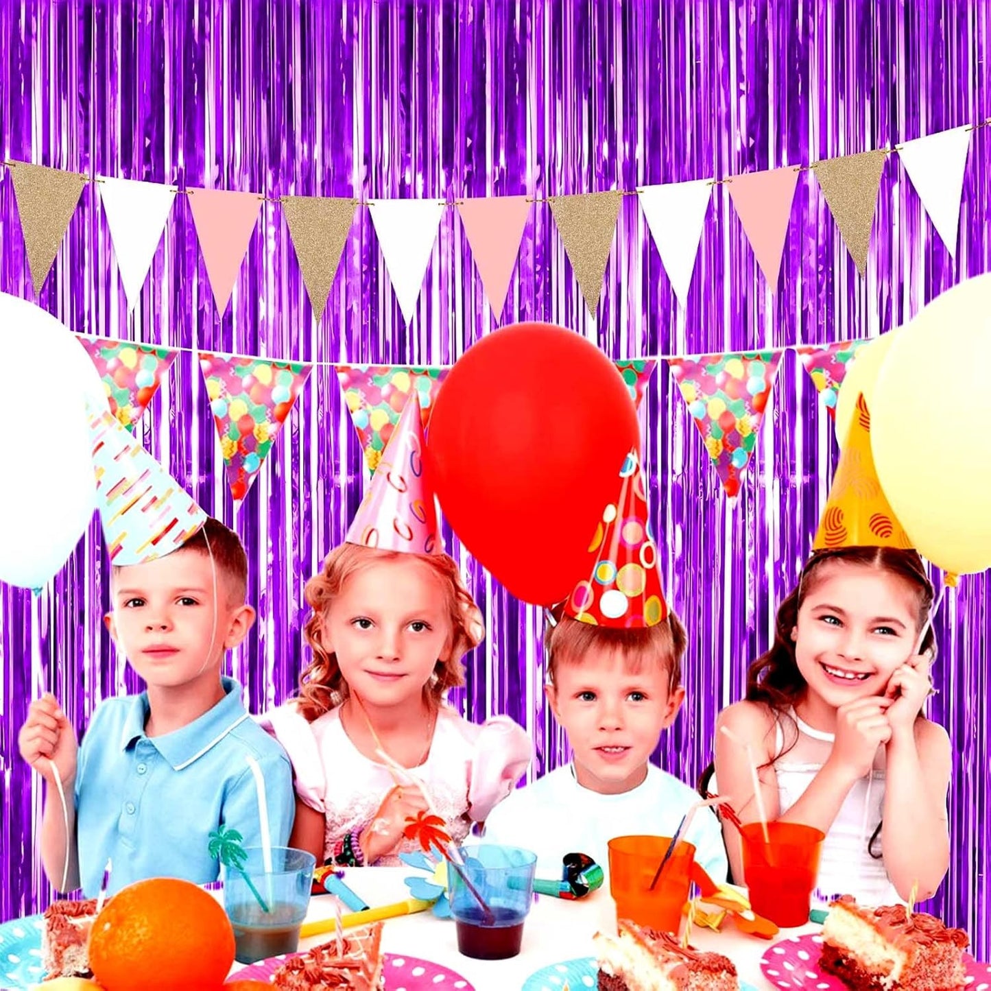 4 Pack Purple Foil Fringe Curtain Backdrop, 3.28Ft x 8.2Ft Metallic Tinsel Foil Fringe Streamer for Party, Photo Booth Props, Birthday, 2022 Graduation Decoration Party Supplies