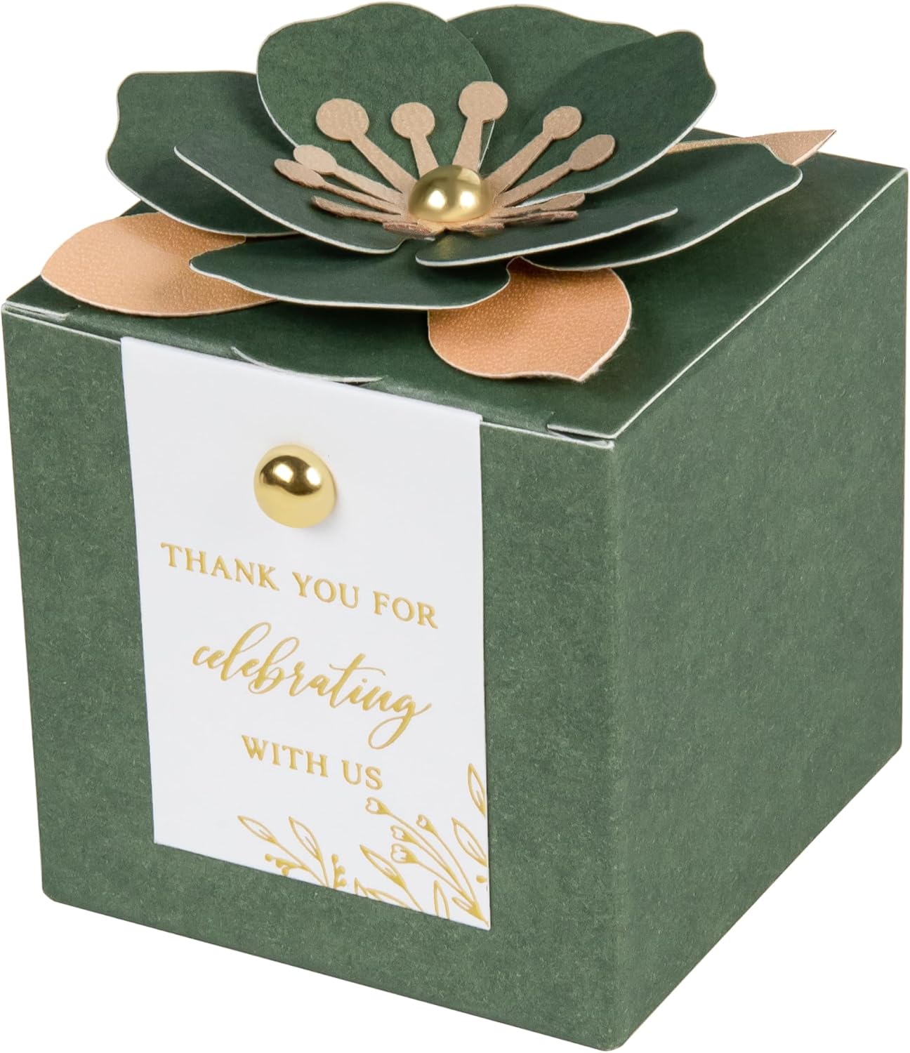 FEIYI 20 PCS Favor Boxes, 3 In 1 Olive Green Candy Boxes with Floral Decor, White Thank You Tags Gold Foil Print Gift wrapping for Wedding, Baby Shower, Birthday, Decorations Party - 2.55x2.55x2.55