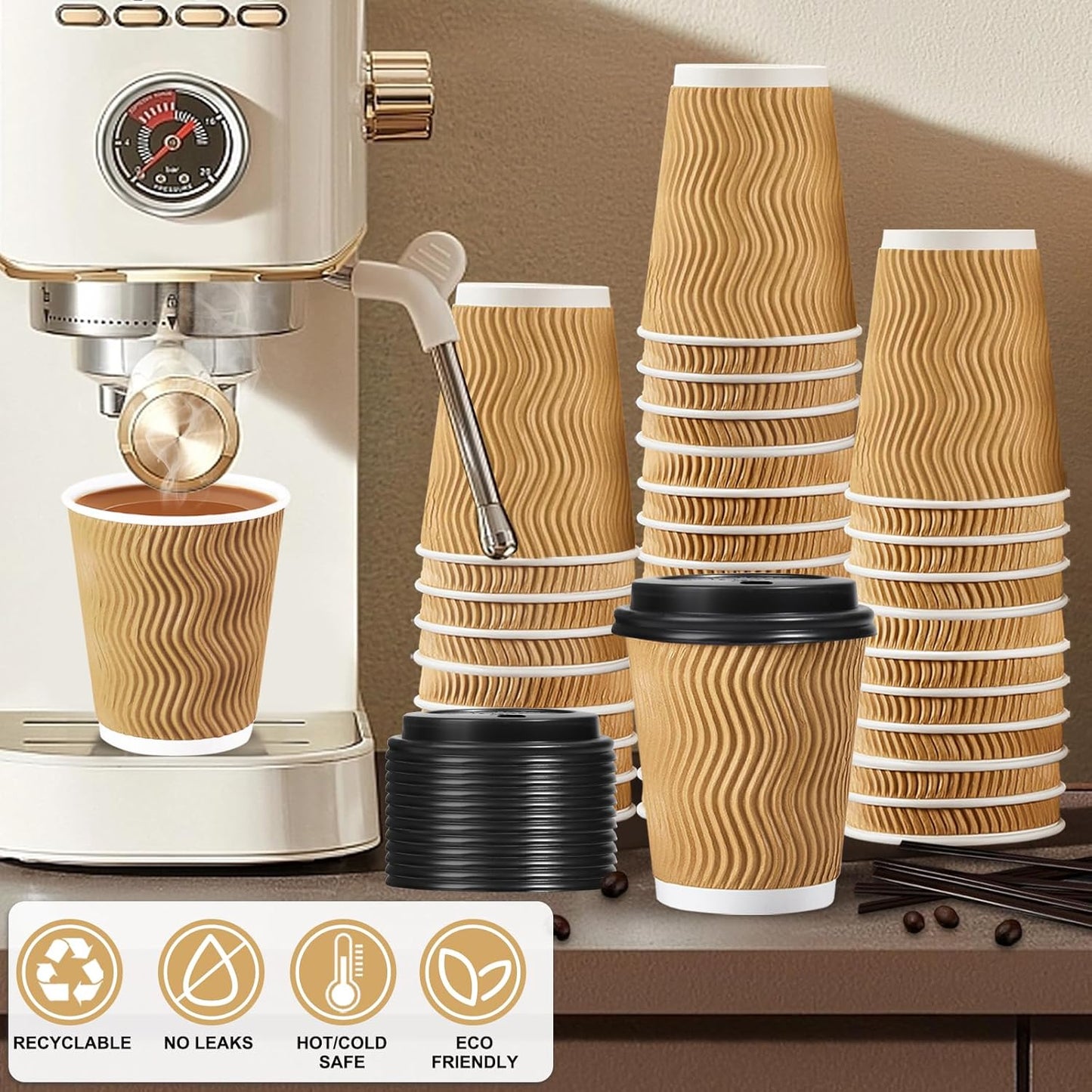 SIUQ 12 oz Coffee Cups-90 Pack Disposable Coffee Cups with Lids and Straws, Insulated Ripple Wall To Go Paper Coffee Cup for Coffee, Hot Chocolate and Hot Tea Drinks - Champagne