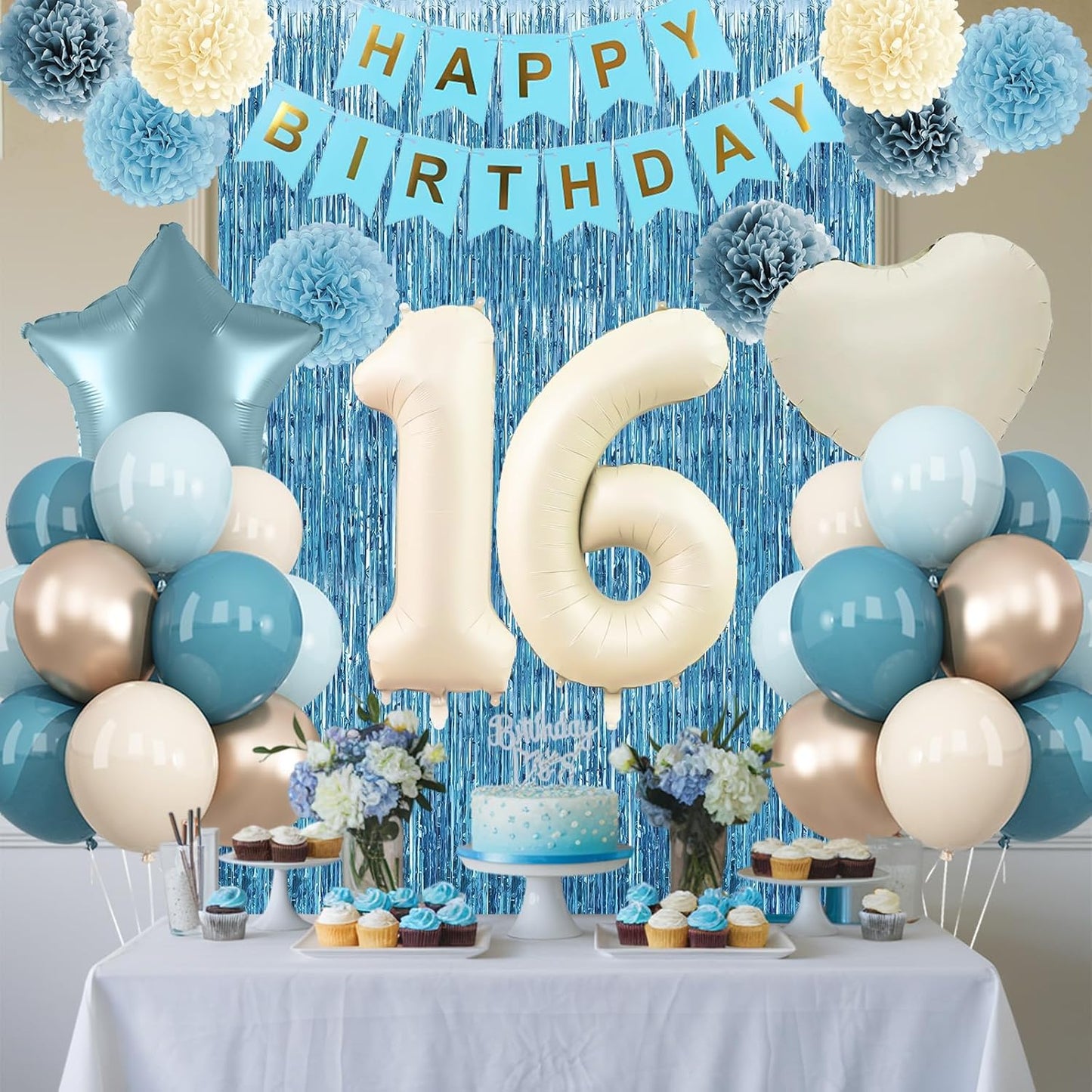 Dusty Blue 16th Birthday Party Decorations Boys Girls Beige Cream Number 16 Balloon with Blue Gold Happy Birthday Banner Fringe Curtain Paper Pom Poms Nude White Sand Champagne Star Foil Balloons