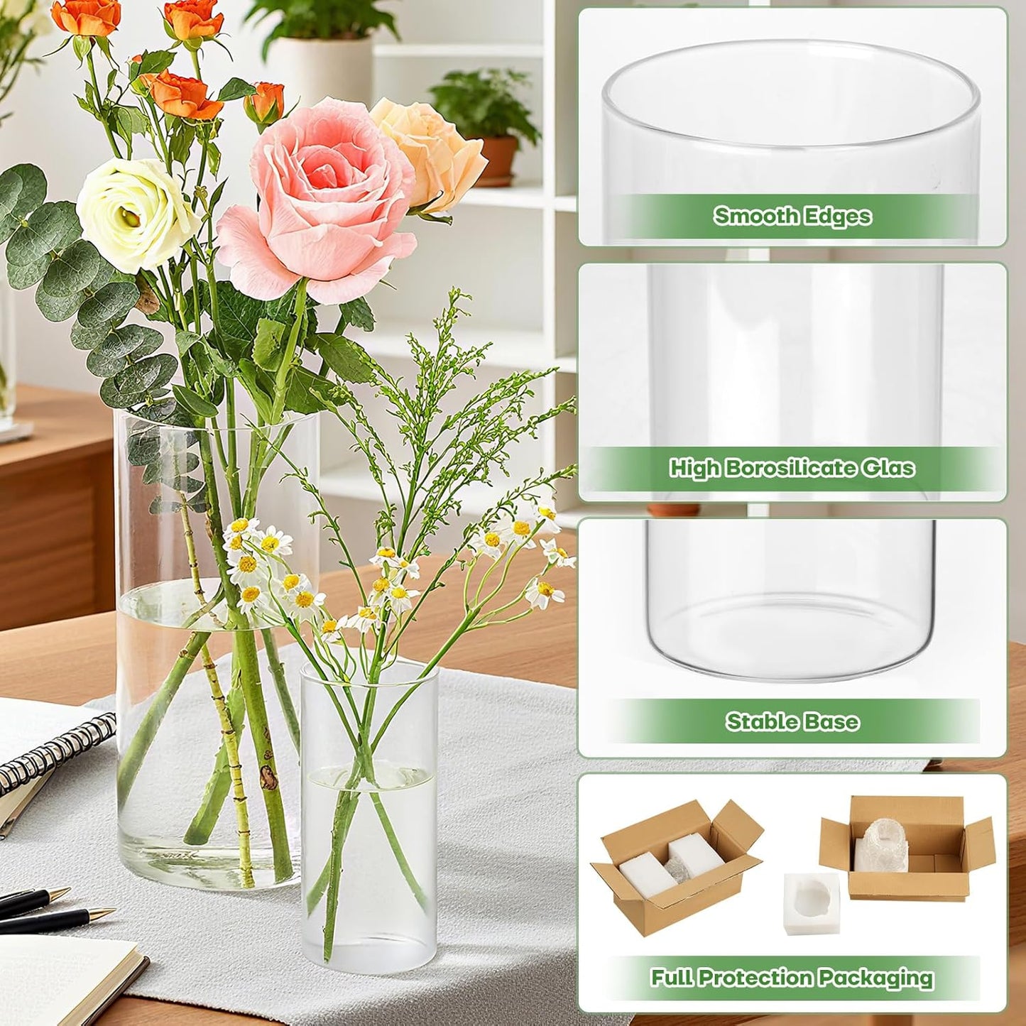 24pcs Clear Glass Cylinder Vases, 4, 6,10,12 inch Tall Hurricane Floating Candle Holder Vase for Centerpieces,Glass Candle Vase Flower Vase for Table Shelf, Wedding, Party,Home & Office Decor