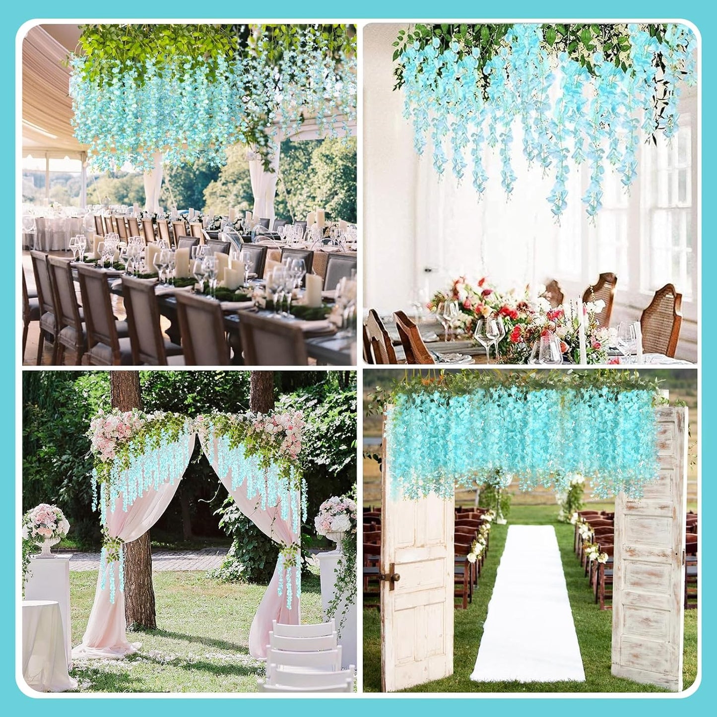 24 Pack Teal Wisteria Hanging Flowers Garland, 3.77 Feet Artificial Flower Vines, Fake Wisteria, Artificial Vines Hanging Garland for Backdrop Outdoor Yard Garden Decor
