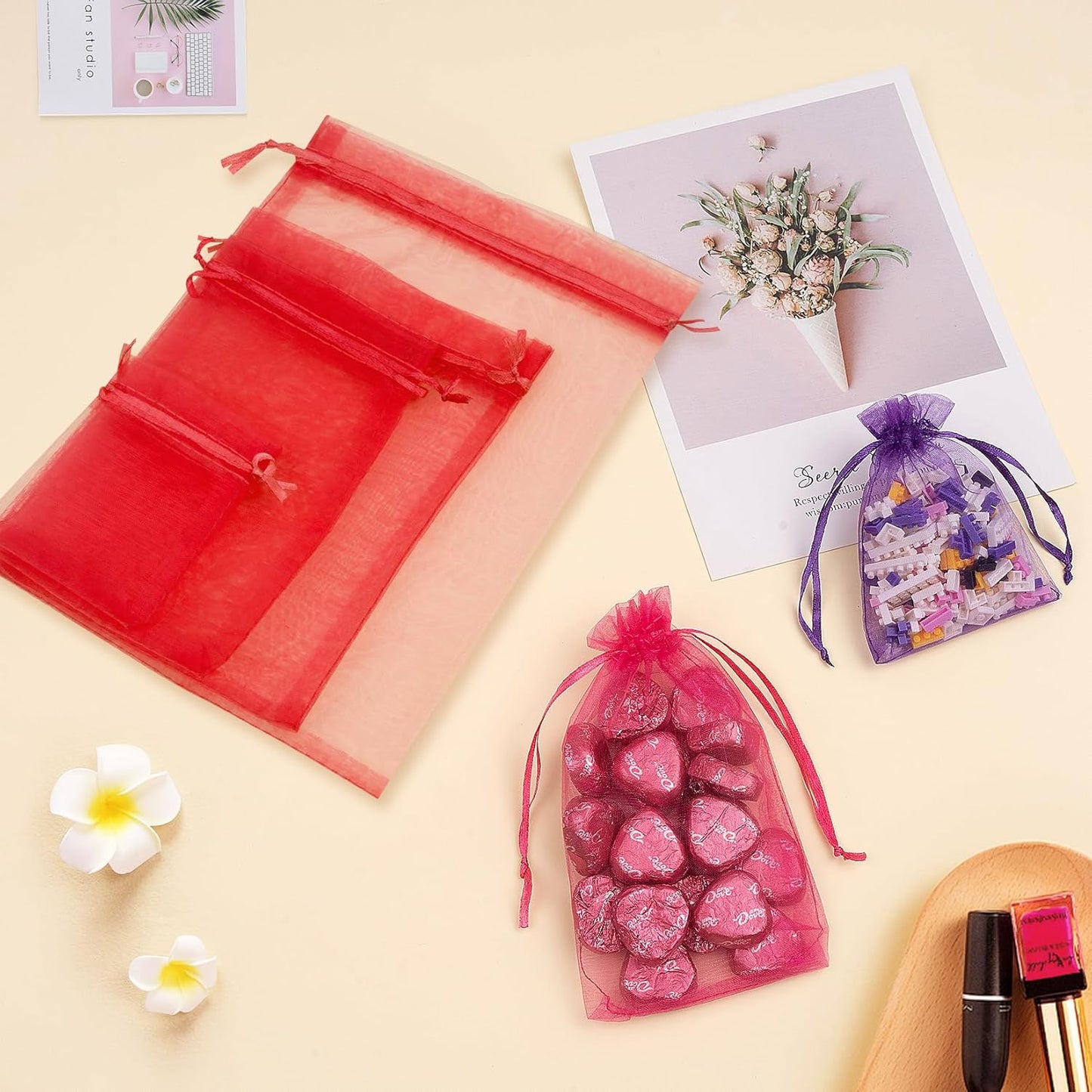 50 Pcs 3x4 Inch Organza Bags, Mesh Drawstring Treat Pouch Bags for Party Favor Wedding (Red)