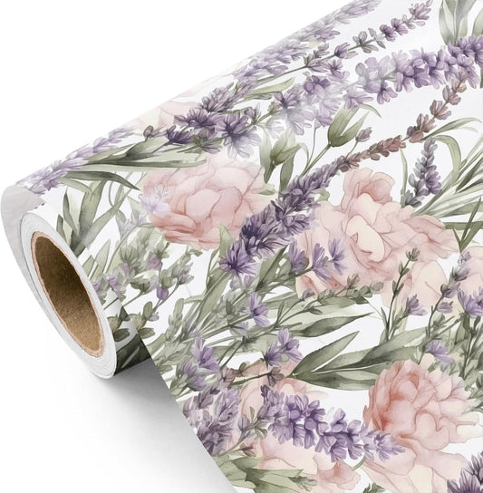 WRAPAHOLIC Floral Wrapping Paper Roll - Mini Roll - 17 Inch x 9.8 Feet - Lavender Flower Wrapping Paper, Perfect for Girls Women Birthday, Wedding, Bridal Shower