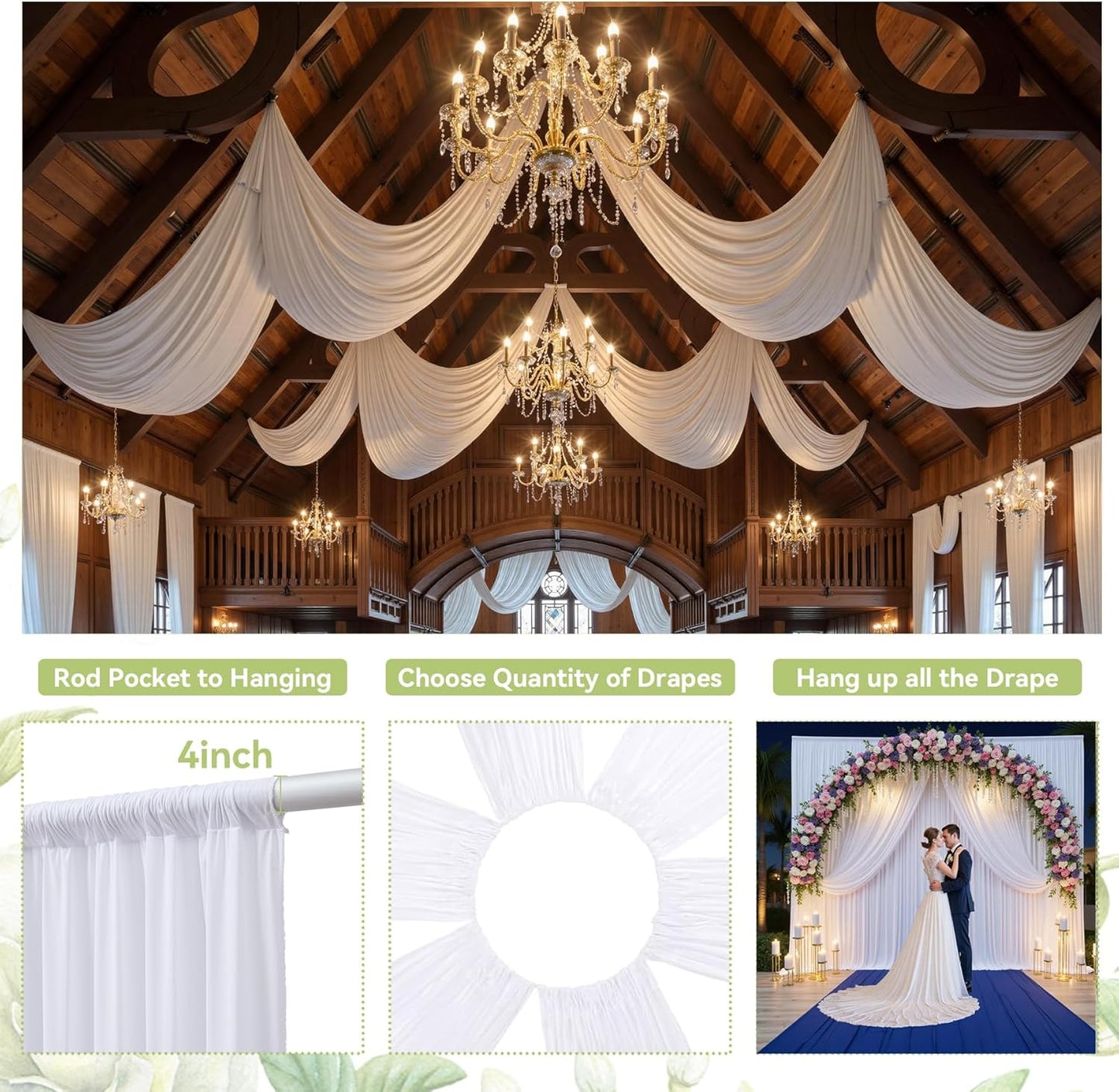 PartyVillage 20ft×15ft White Backdrop Curtain for Wedding Parties, 4 Panels Wrinkle Free 15 FT Long Polyester Photo Backdrop Drapes Back Drop Cloth for Birthday Photography Background