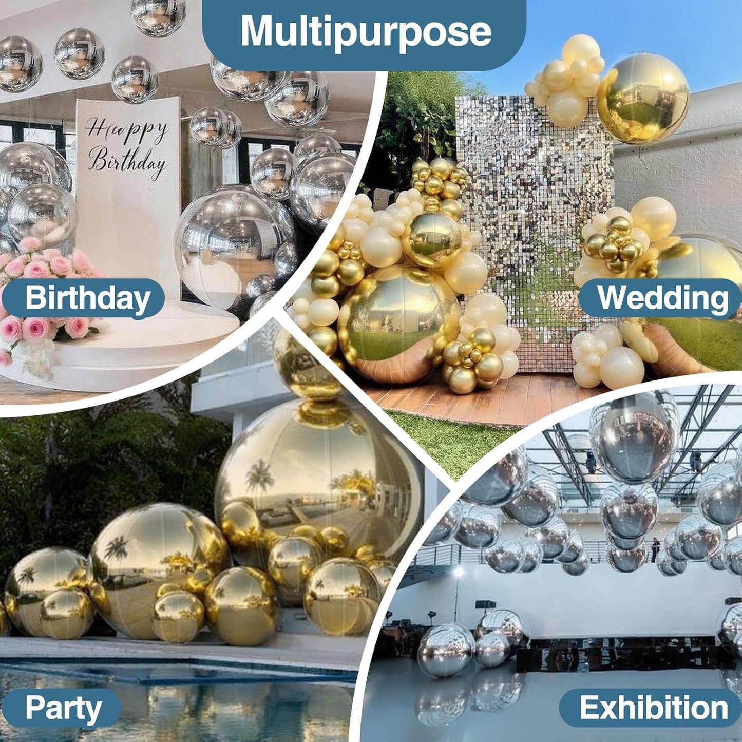 2PCS 31.5in Silver Inflatable Mirror Ball, Big Shinny Balls Reusable Large PVC Disco Ball Balloon for Large Event Decoration, Party, Concerts, Stage, Wedding Decor, Without Air Pump