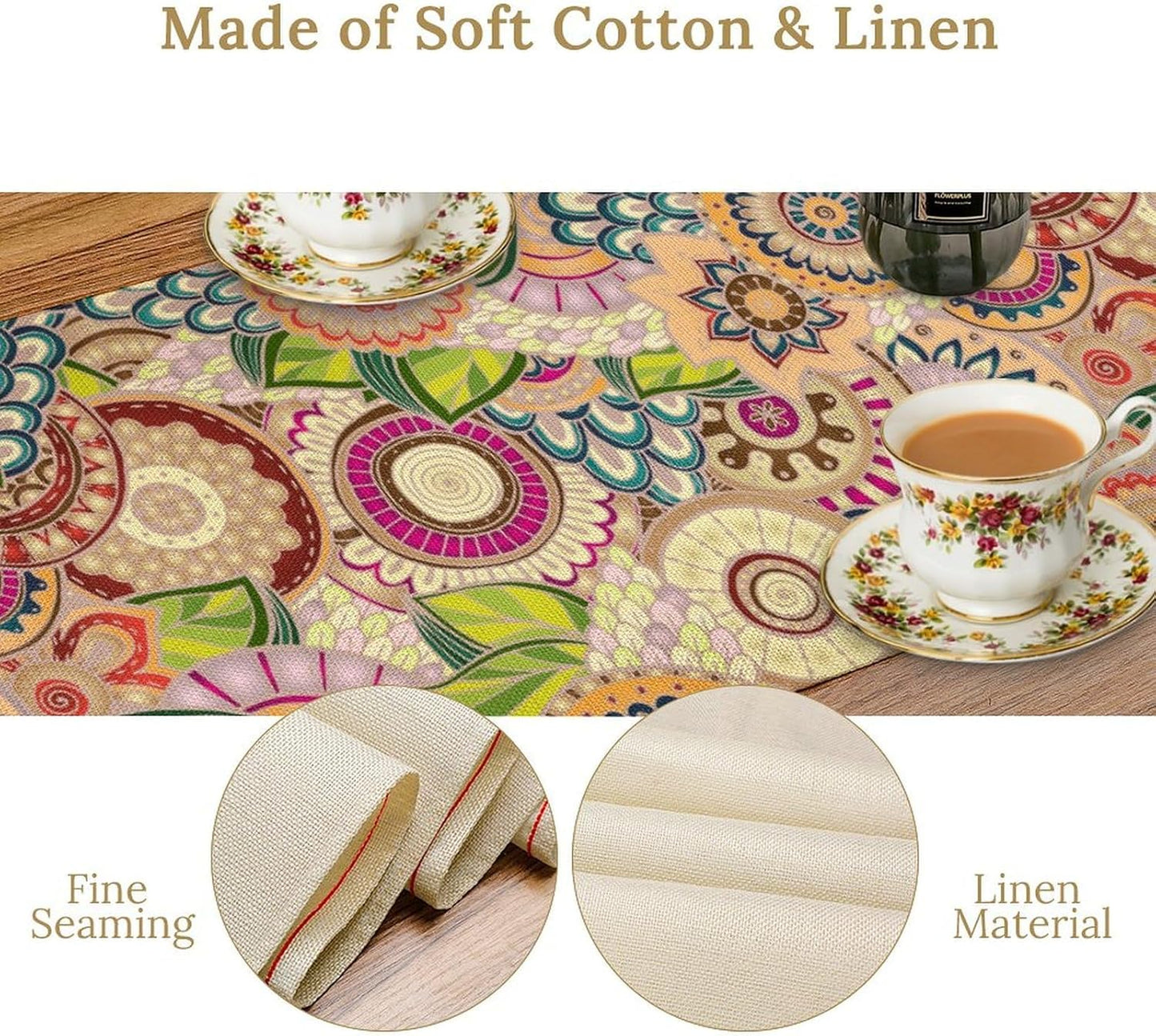 Boho Floral Table Runner,Retro Bohemian Flower Table Runner for Kitchen Dining Table Home Party Decoration 13x72 Inch