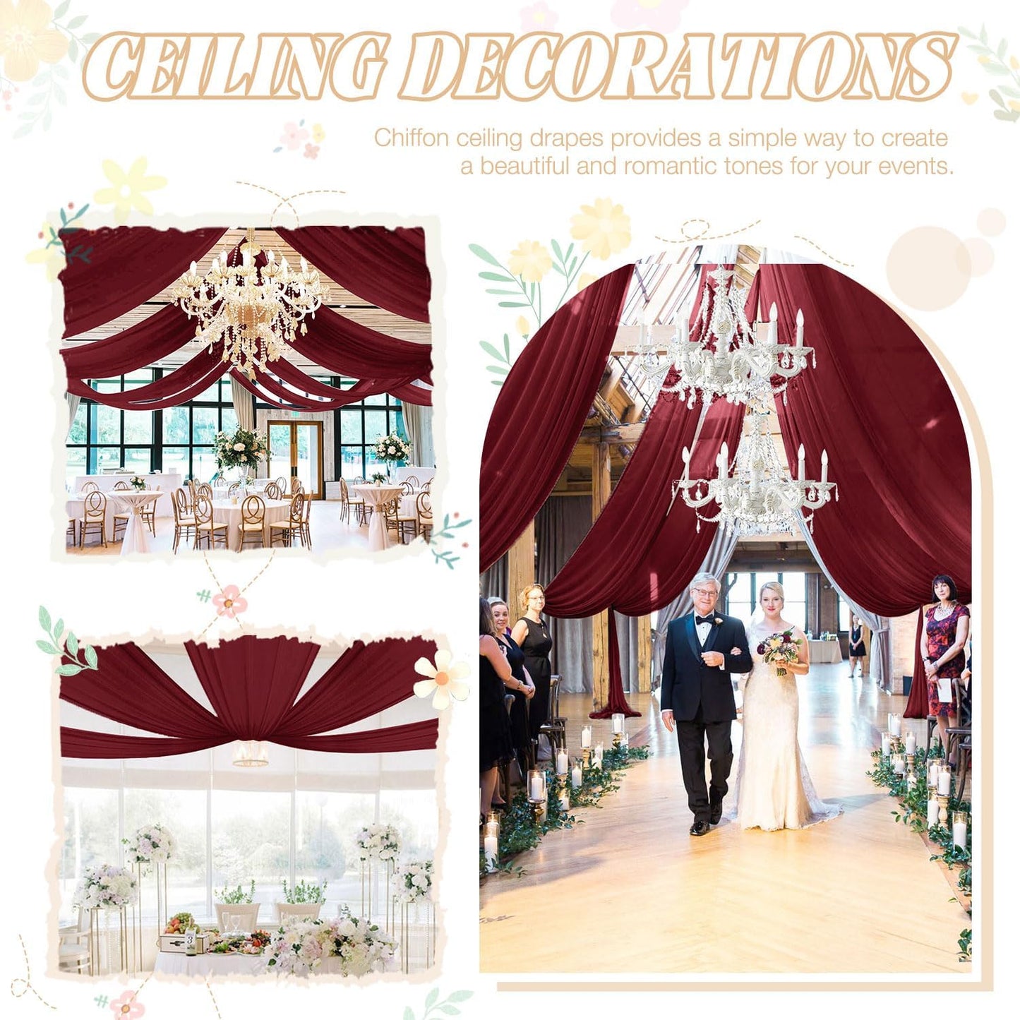 FUHSY Ceiling Drapes Wedding Arch Draping Fabric Chiffon Fabric Drapery Burgundy Chiffon Curtains for Backdrop 5FTx20FT 2 Panels Arch Decorations for Ceremony Party Wedding Archway Ceiling Curtains