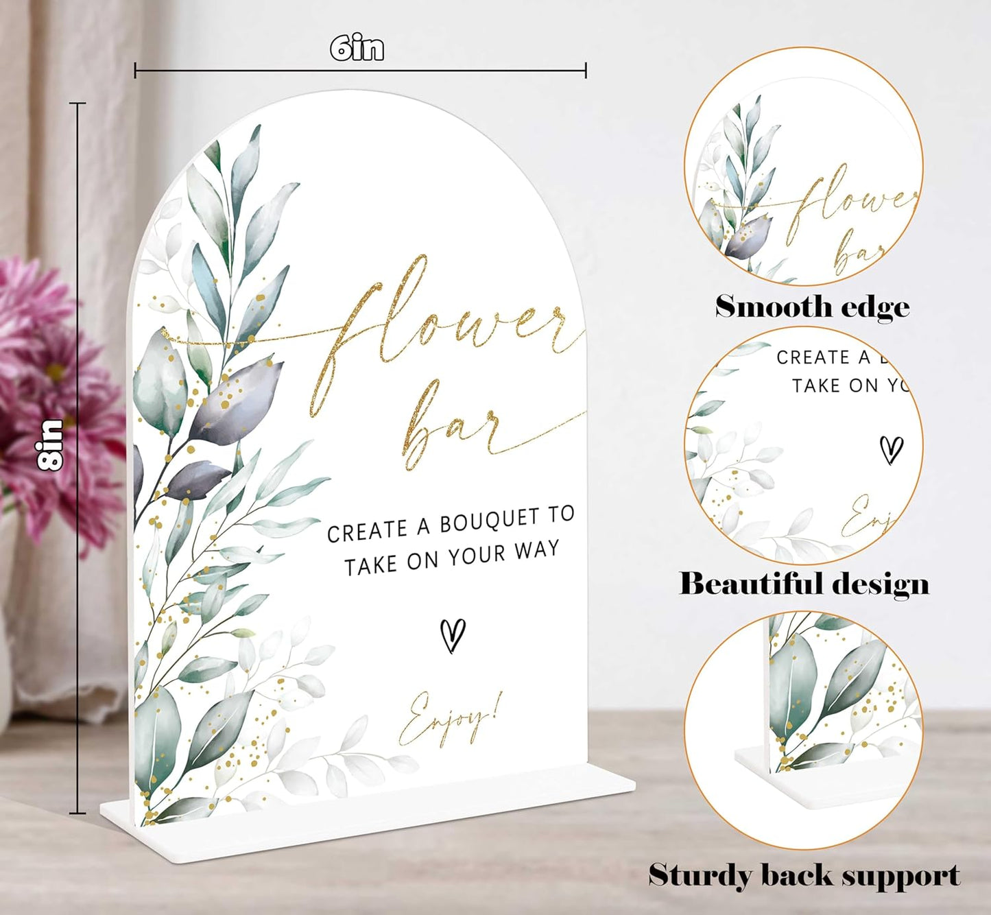 Acrylic Wedding Signs, Greenery Theme Flower Bar Sign, Wedding Reception Signage, Bridal Shower Table Decor with Stand, Flower Bar Supplies for Engagement, Anniversary, Newlywed Event and Party, 03