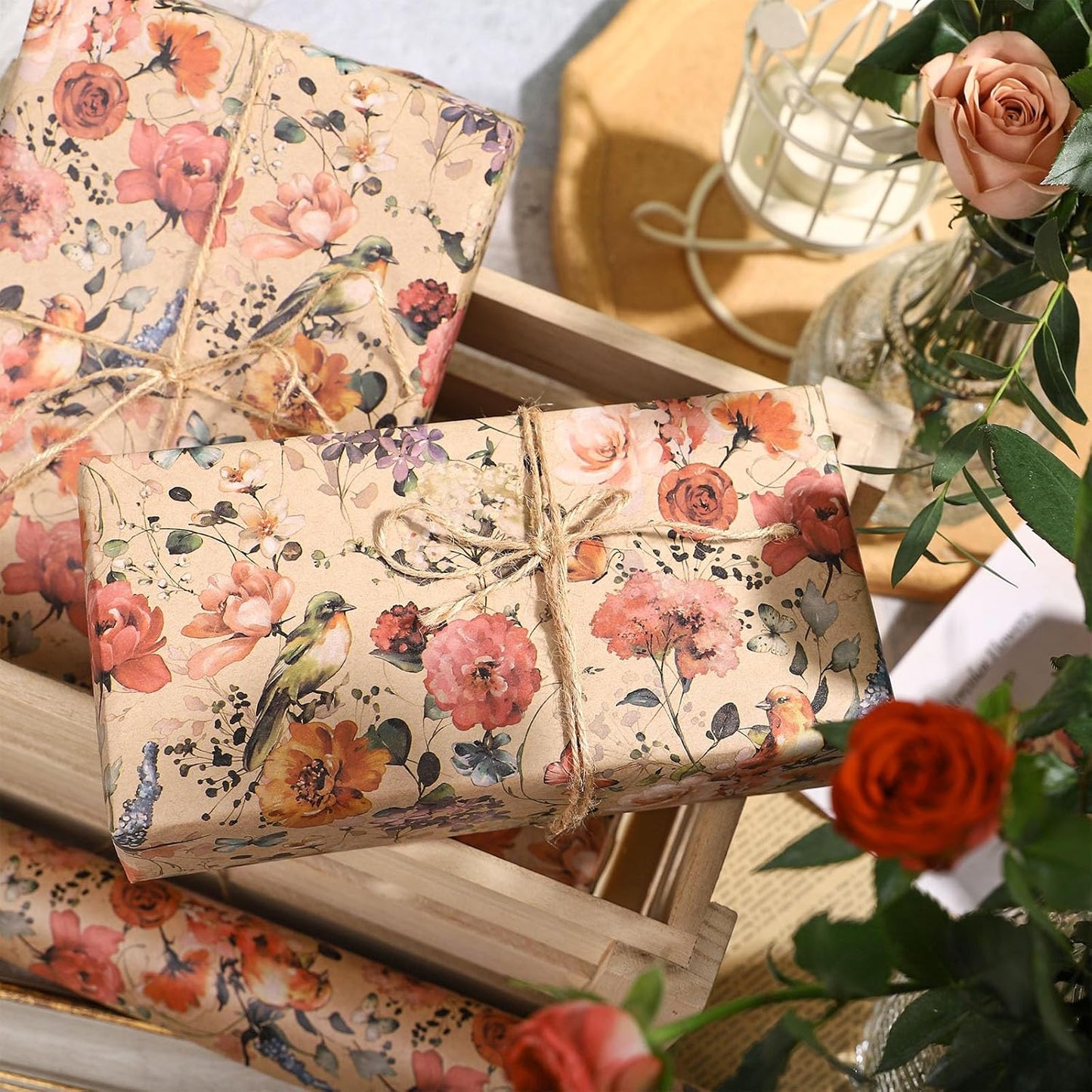 RUSPEPA Floral Wrapping Paper Bouquet for Women, 17 in x 16.4 ft, Mini Roll, Blooming with Bird and Butterfly Design, Kraft Wrapping Paper Roll for Spring, Birthday and Baby Shower
