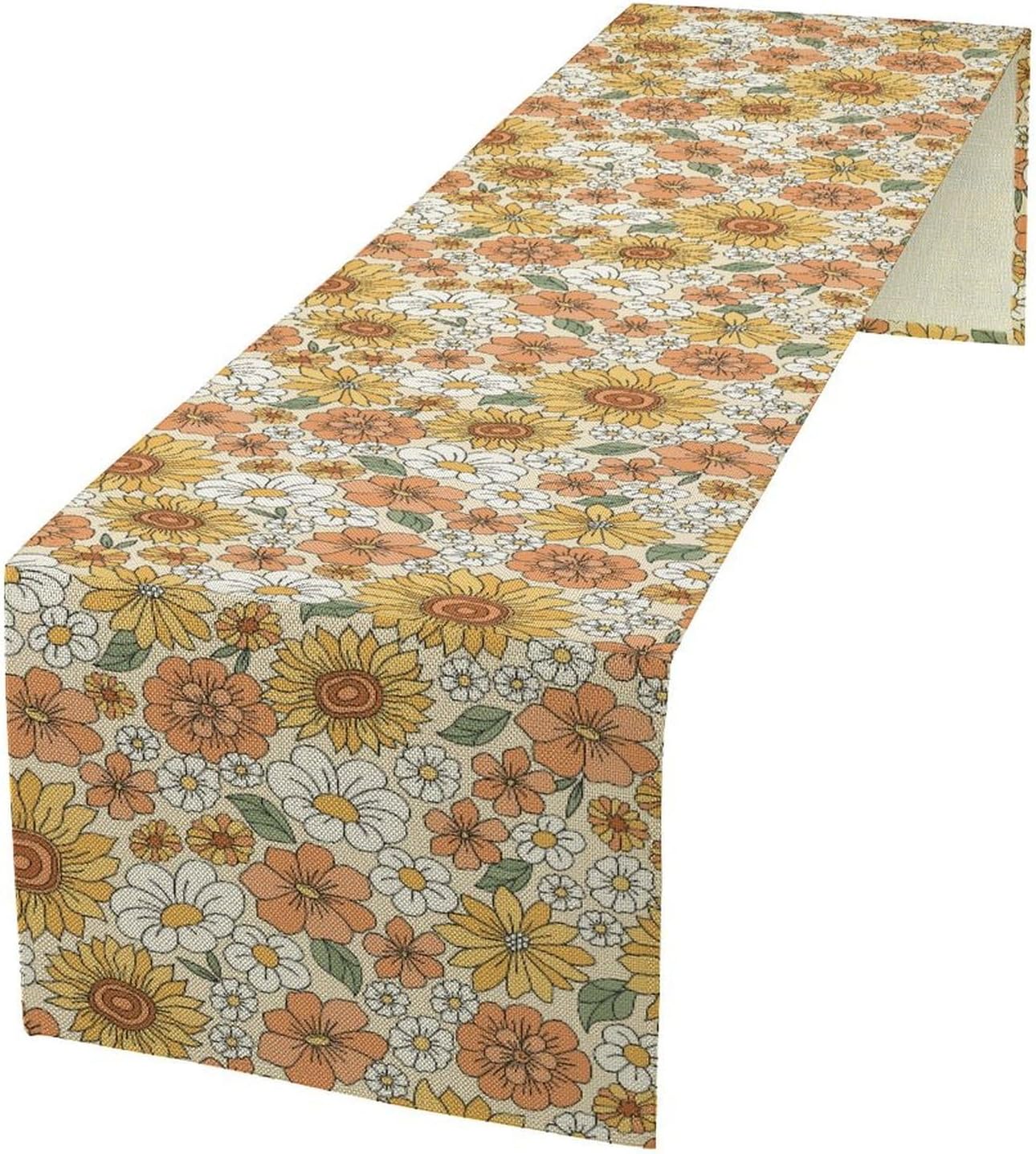Vintage Floral Table Runner,Boho 70s Style Retro Daisies Flower Table Runner for Kitchen Dining Table Home Party Decoration 13x72 Inch