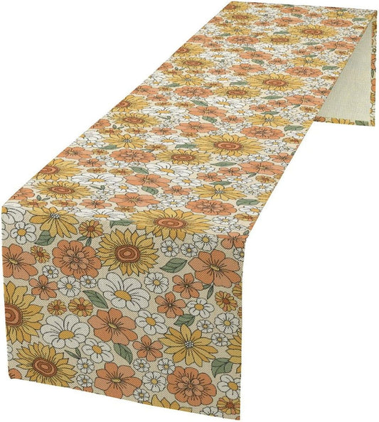 Vintage Floral Table Runner,Boho 70s Style Retro Daisies Flower Table Runner for Kitchen Dining Table Home Party Decoration 13x108 Inch