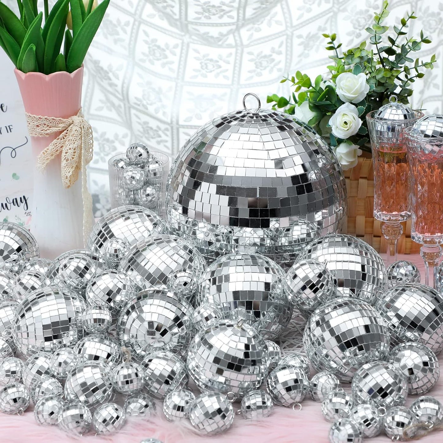 Funtery 100 Pcs Mirror Disco Balls Bulk Assorted Silver Hanging Disco Ball Decor for Home Wedding Birthday Dance Music 70 S Theme Party Christmas Tree Ornaments(1, 2, 3, 4, 6, 8)