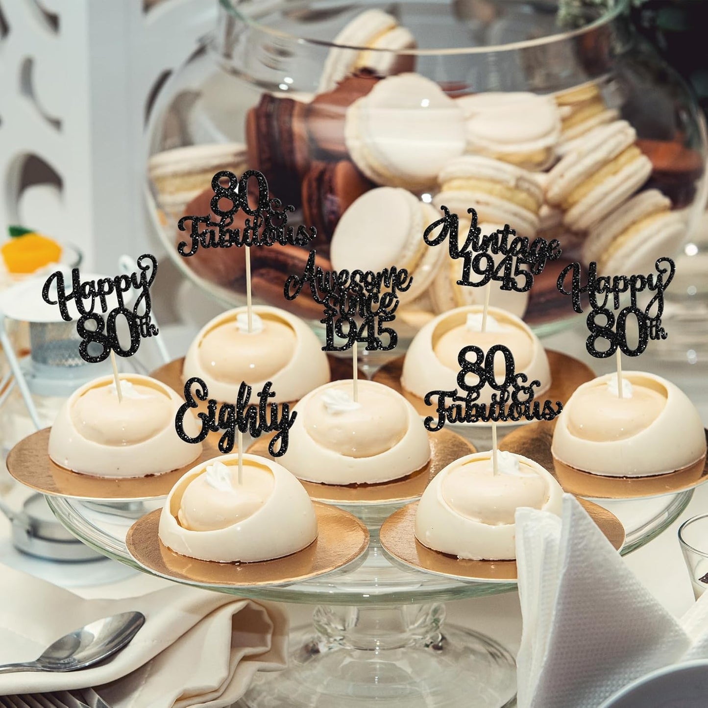 30Pcs Happy 80th Birthday Cupcake Toppers Glitter Awesome Since 1945 Eighty 80 Fabulous Vintage 1945 Cupcake Picks for 80th Birthday Anniversary Retirement Party Cake Decorations Supplies Black