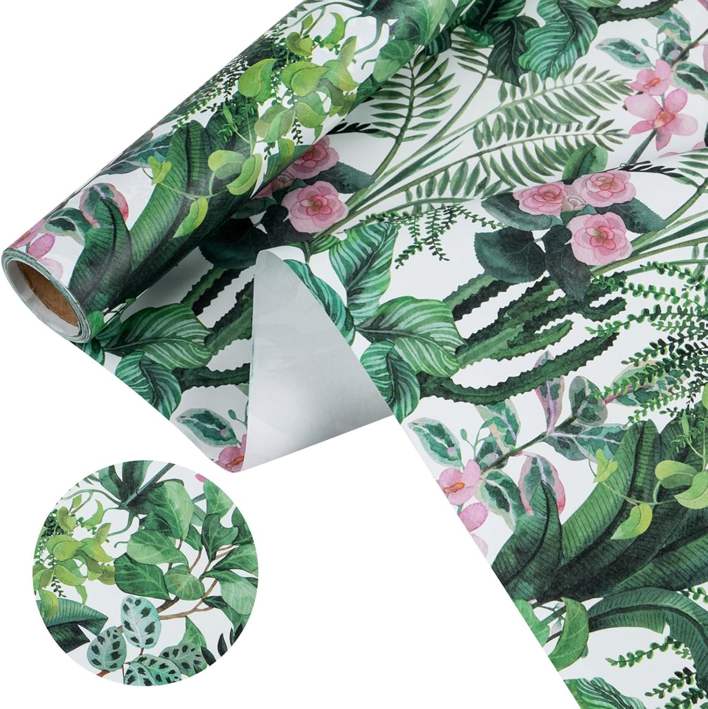 WRAPAHOLIC Kraft Wrapping Paper - Mini Roll - 17 Inch x 16.5 Feet - Green Plant Wrapping Paper for Wedding, Birthday, Bridal Shower, Tea Party, Drawer Liners, Home Closet Shelves