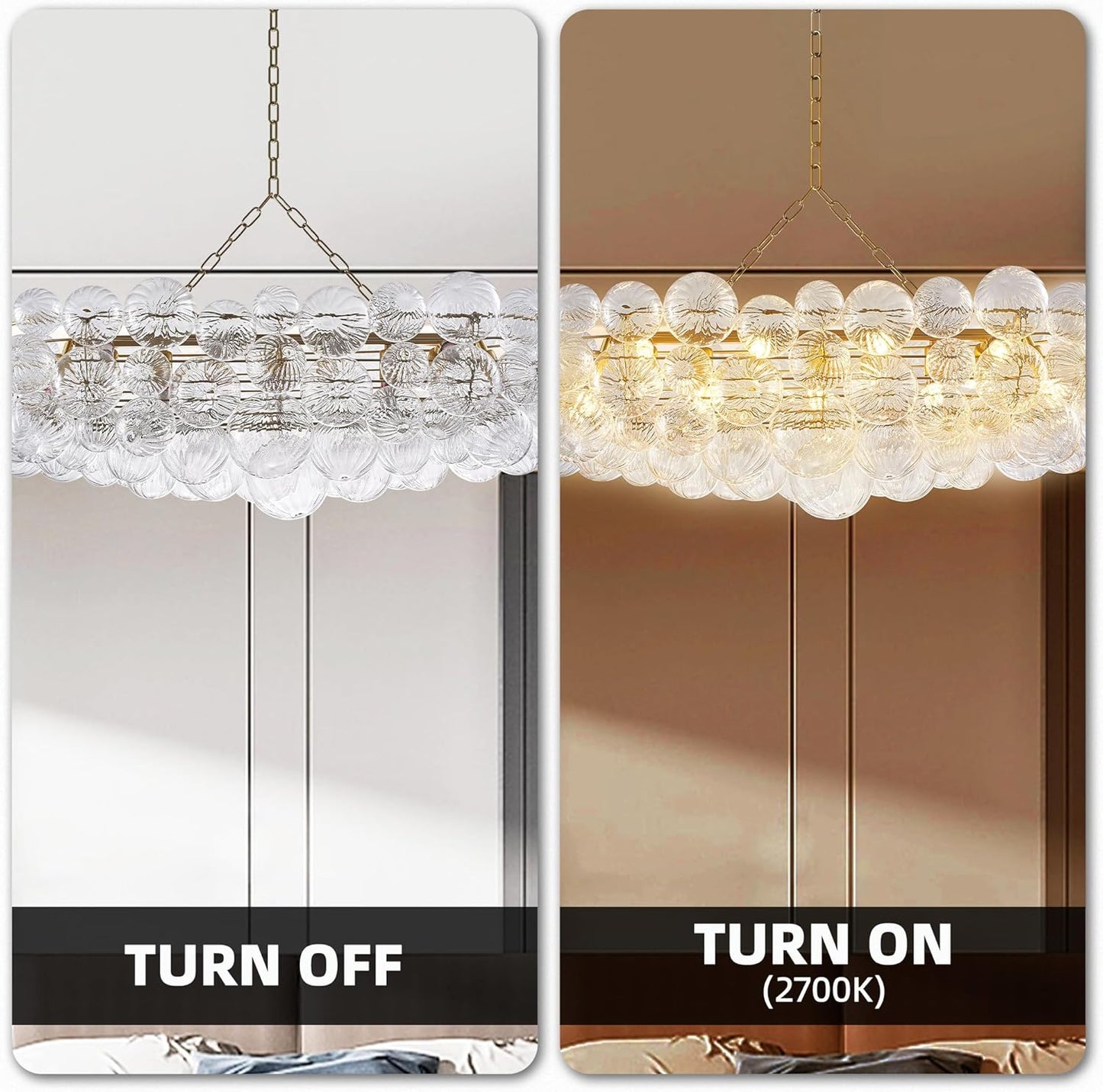 Nordic Bubble Ball Swirled Glass Chandelier 50 inch Rectangular Island Light Fixture Gild Gold and Clear Blown Glass Lighting for Dining Table, Living Room