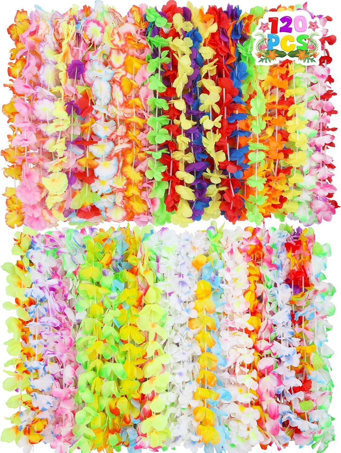 120PCS Hawaiian Leis Party Decorations, Leis for Luau Party Decor, Hawaiian Lei Colorful Tropical Theme Silk Flower Bulk, Flower Garland Summer Pool Birthday Favors Supplies Accessories ﻿