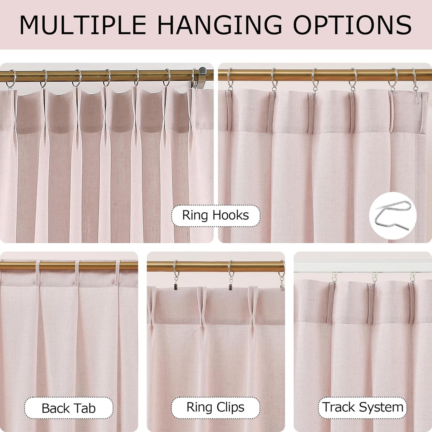 Vision Home Soft Pink Pinch Pleated Semi Sheer Curtains Textured Linen Blended Light Filtering Window Curtains 102 inch for Living Room Bedroom Patio Pinch Pleat Drapes with Hooks 1 Panel 60" Wx102 L