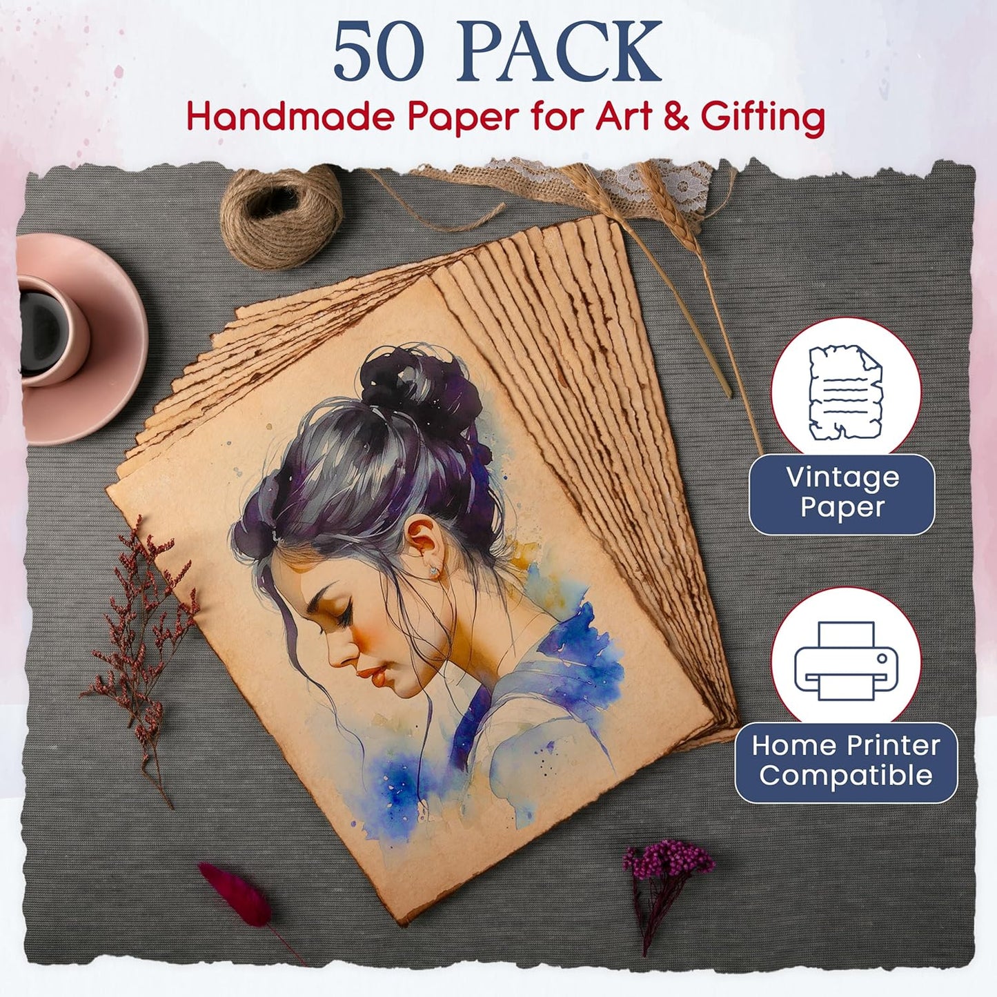 Wanderings Handmade Antique Deckle Edge Blank Paper - 8.25 x 11.7 - A4 Size Package of 50 - Recycled Watercolor Mixed Media Loose Leaf Paper for Writers Invitations Crafts - Thick 150 GSM