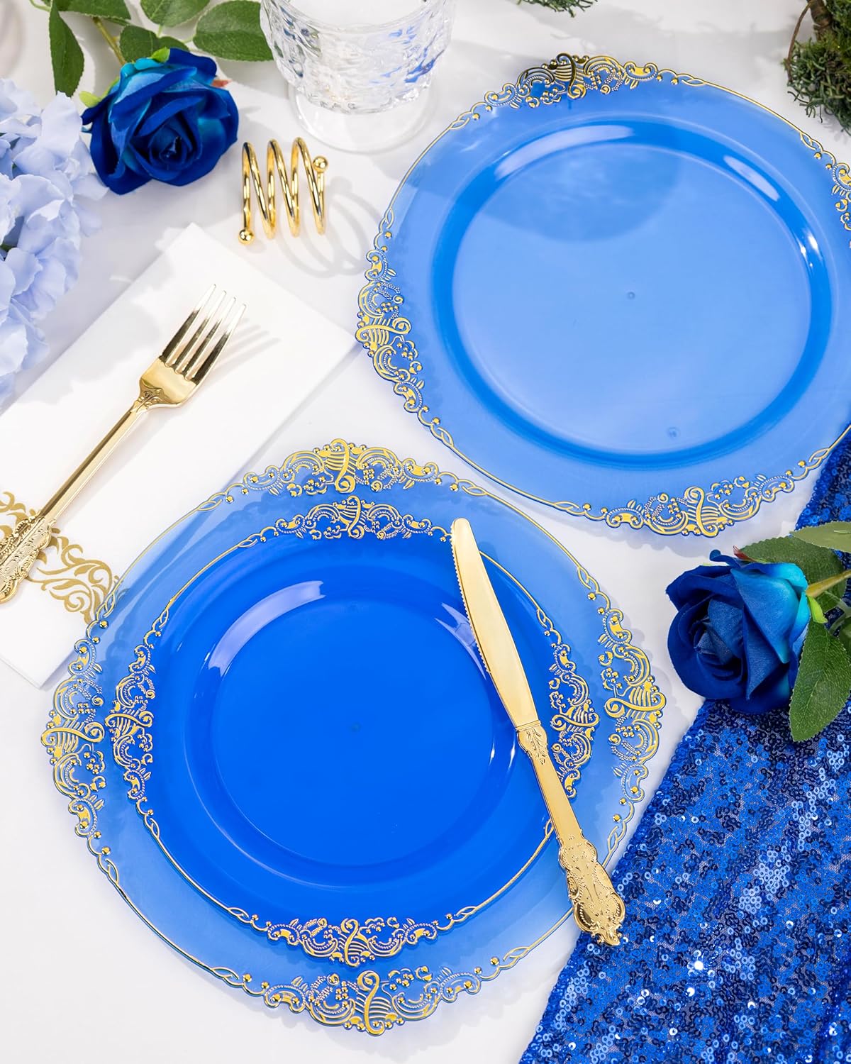 Nervure 350PCS Blue Plastic Plates - Blue Plastic Dinnerware Sets for 50 Guests - 100 Disposable Plates, 150 Gold Silverware, 50 Cups, 50 Napkins for Wedding & Party & Thanksgiving Day