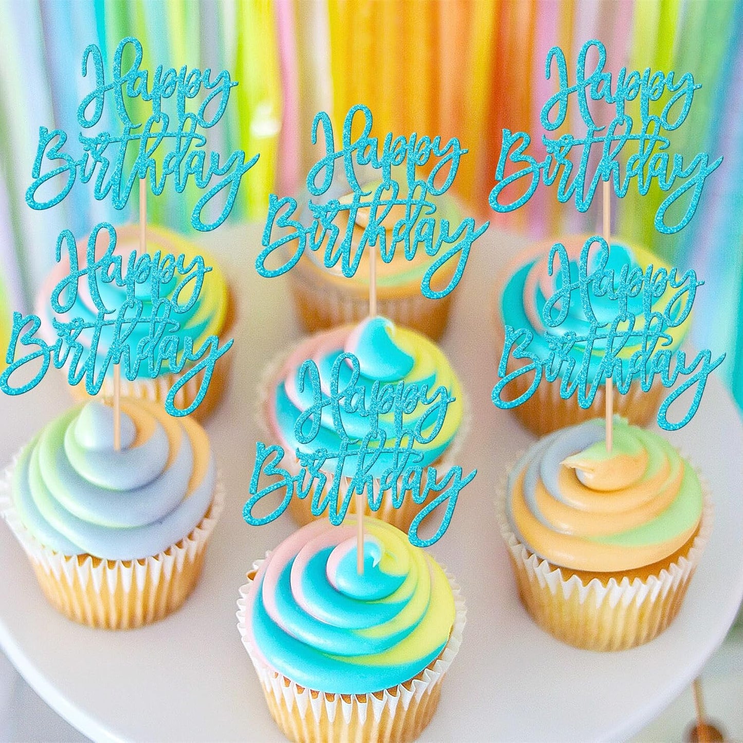 24 PCS Happy Birthday Cupcake Toppers Glitter Picks for Celebrating Anniversary Theme Party Cake Decorations Supplies - Lake Blue