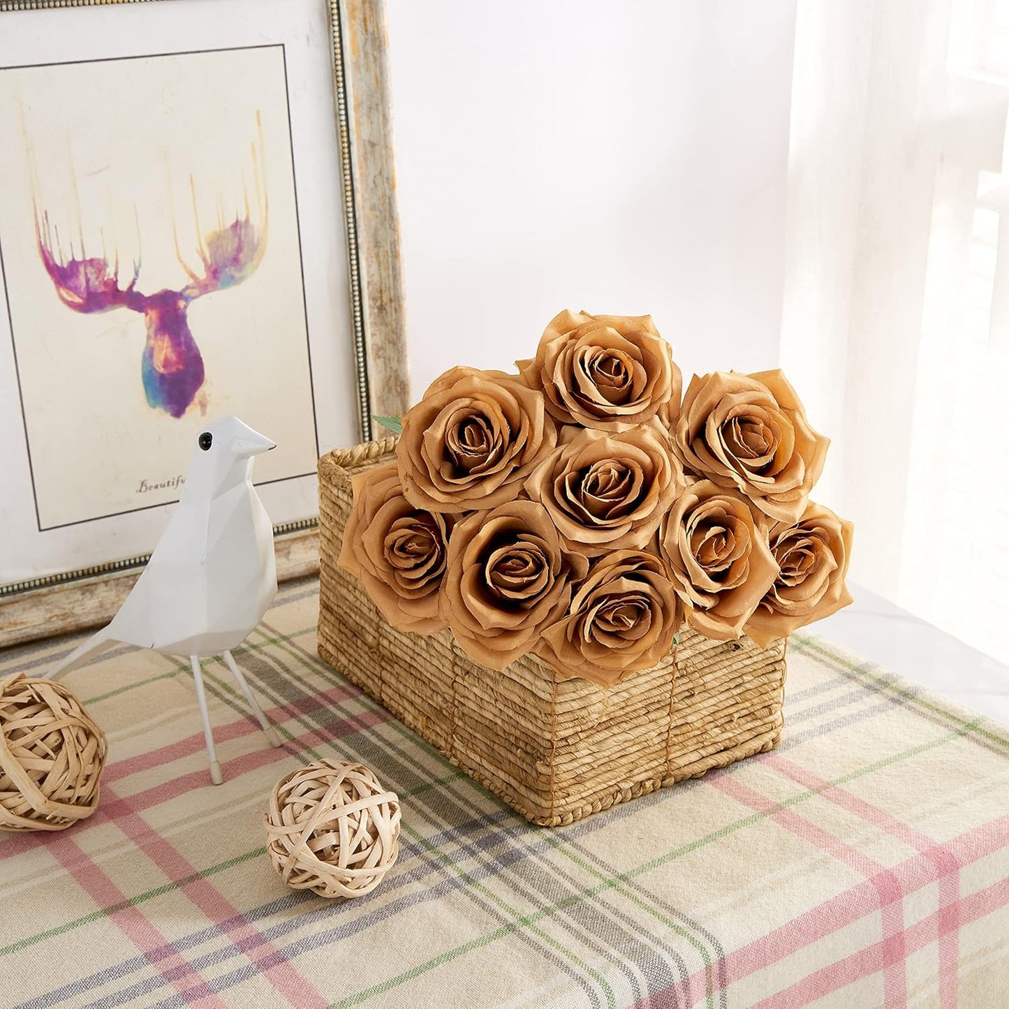 Artificial Rose 10pcs Open Flower Bouquet Faux Rose Stems for Wedding Arrangement, Bridal Bouquet, Centerpiece, Fake Faux Silk Flowers (Toffee)