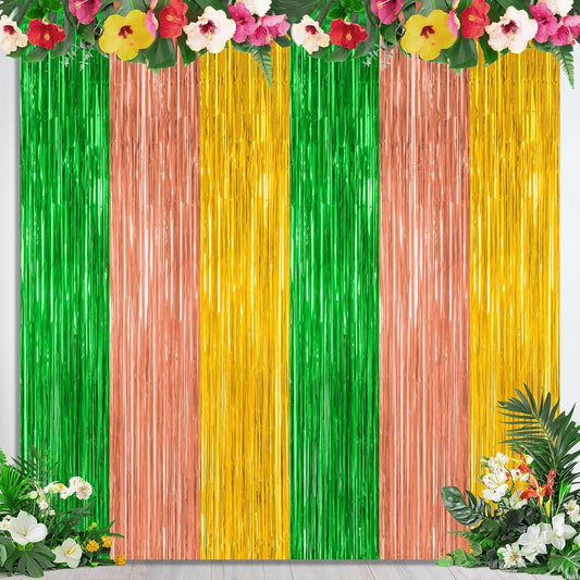 2 Pack Luau Decorations, 3.28 FT x 7.05 FT Summer Party Streamer, Green Brown Yellow Backdrop Tinsel Curtains Fringe Curtains, Metallic Hawaiian Supplies Aloha Party Decor