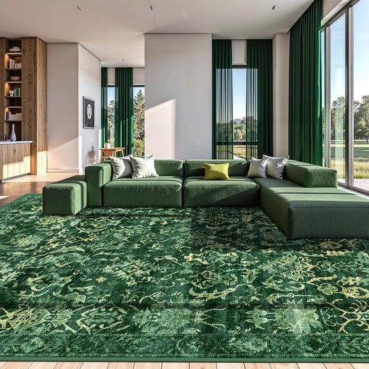 Deerly Dark Green Area Rugs 10x12 for Living Room Soft Non-Slip, Large Bedroom Rug Vintage Dining Room Rug Tribal Farmhouse Carpet for Dining Room Office Green