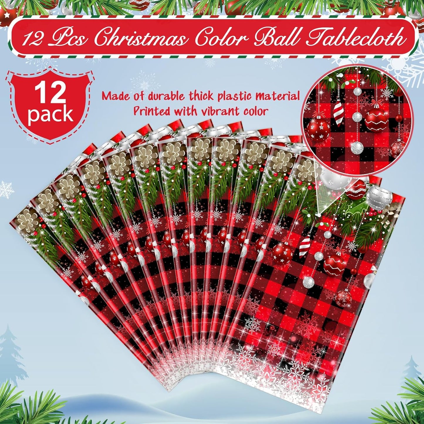 12Pcs Christmas Buffalo Plaid Snowflake Tablecloths,Plastic Red and Black Checkered Rectangle Christmas Tree Color Ball Table Cover for Winter Christmas New Year Holiday Party Decorations,54x108 inch